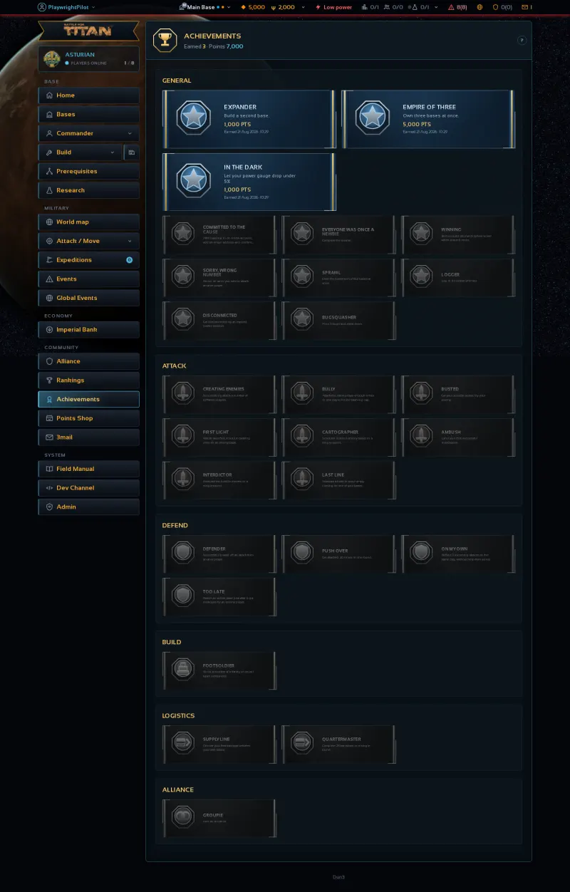 The achievements screen showing a grid of unlocked and locked milestone badges.