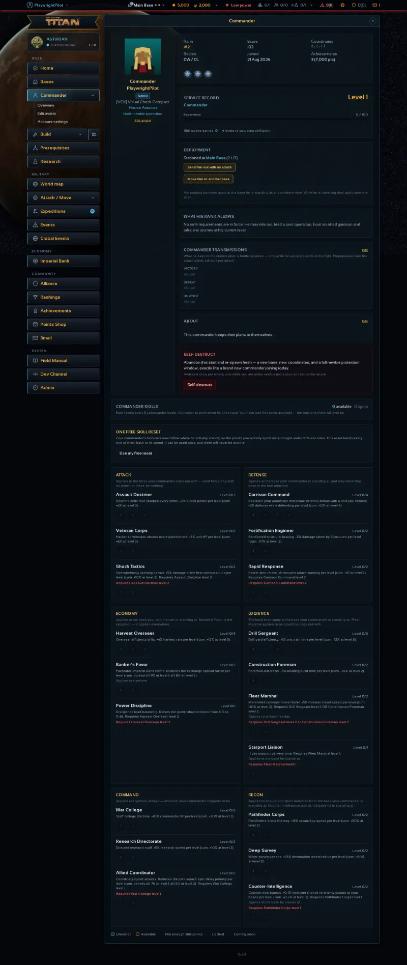 The commander profile screen showing a player's stats and history.