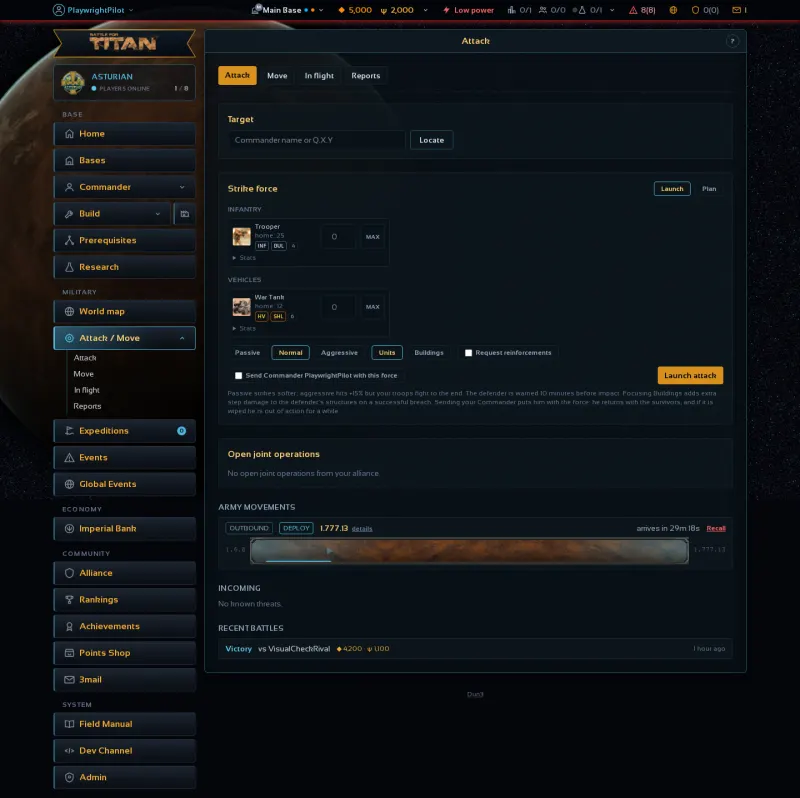 The operations screen listing outgoing and incoming fleet movements.